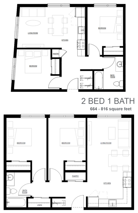 Floor plan for 2 beds, 1 bath, 816 sqft